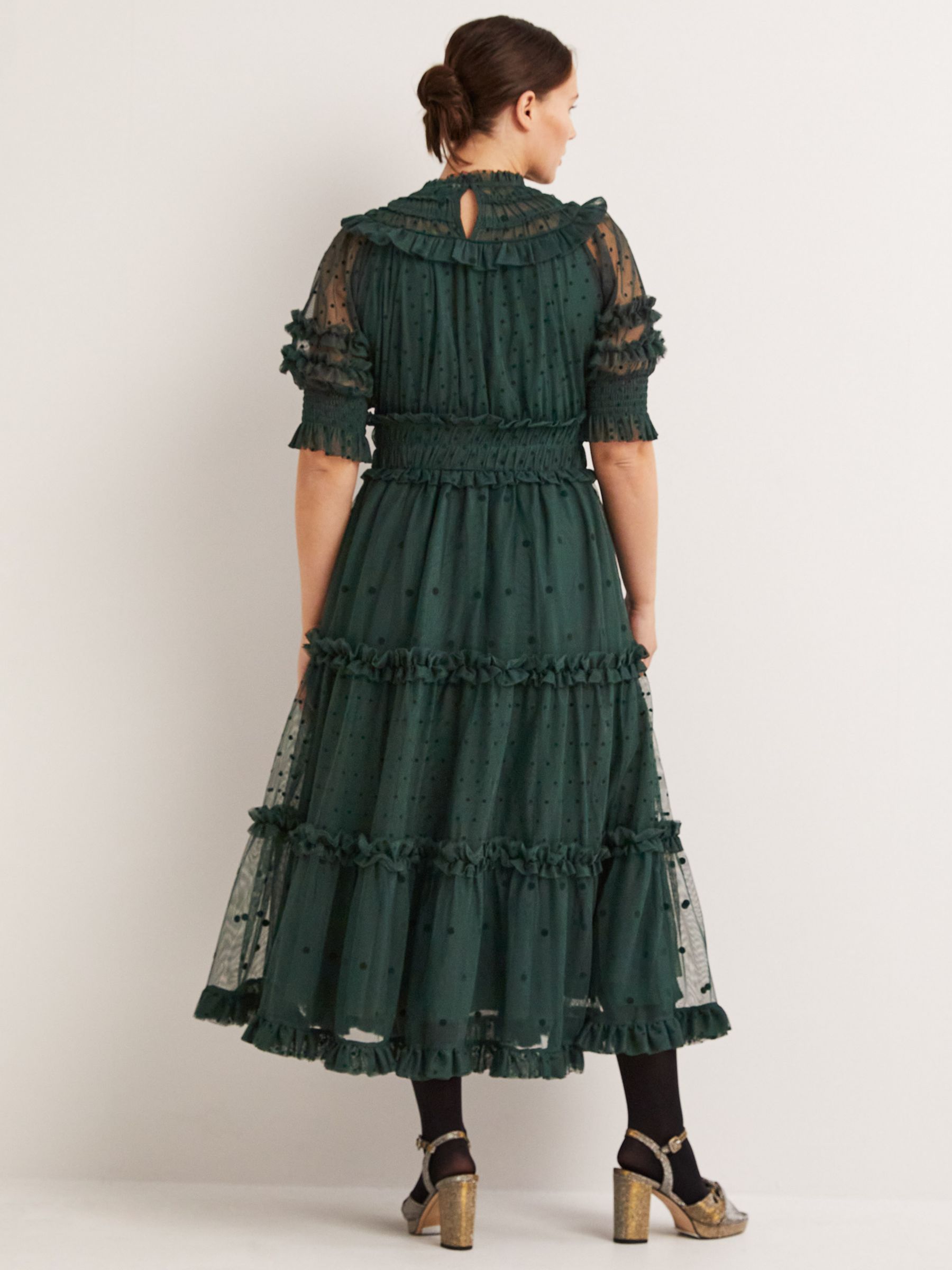 Boden Tulle Ruffle Midi Dress, Onyx Green, 10