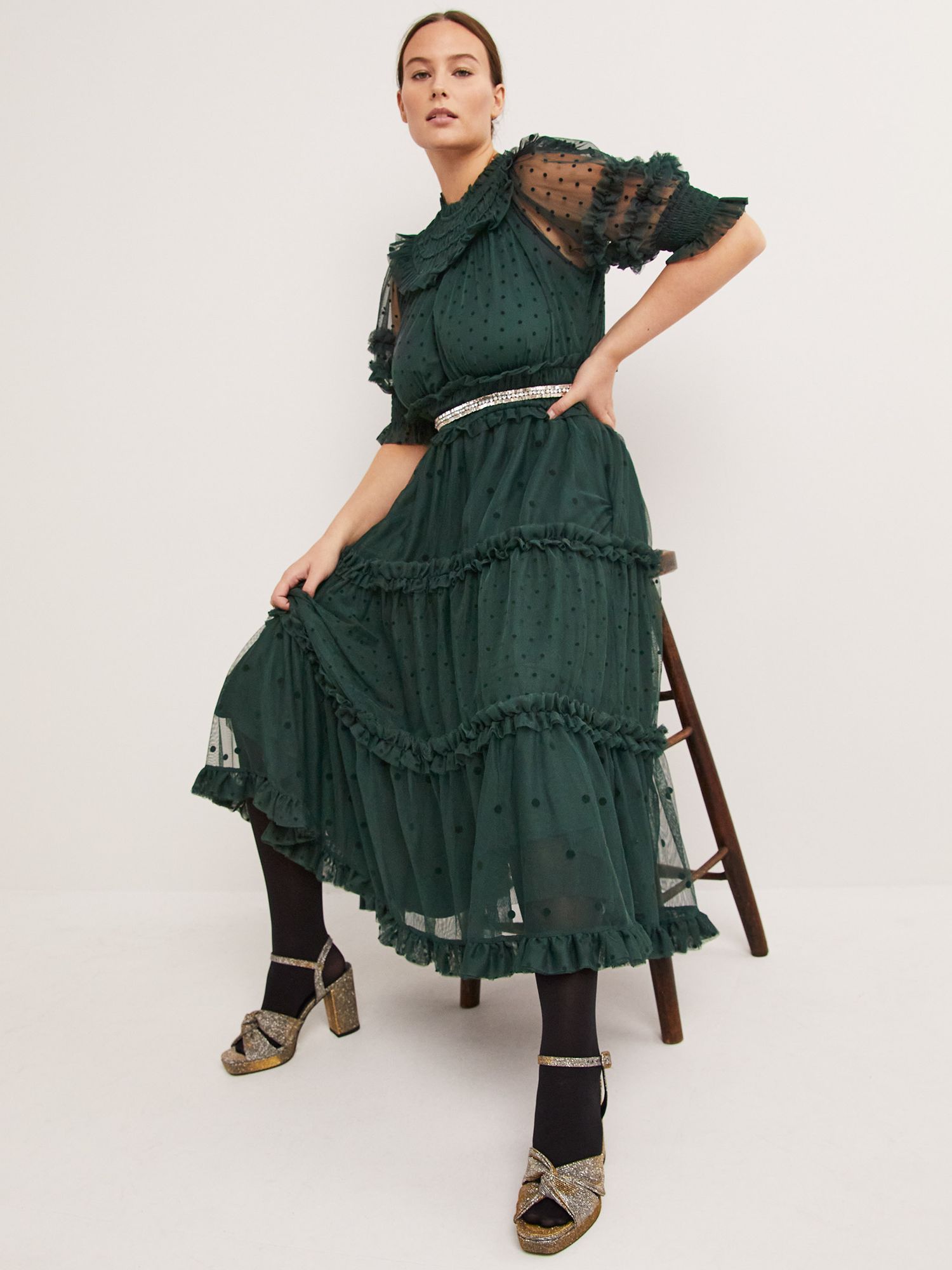 Boden Tulle Ruffle Midi Dress, Onyx Green Size 12
