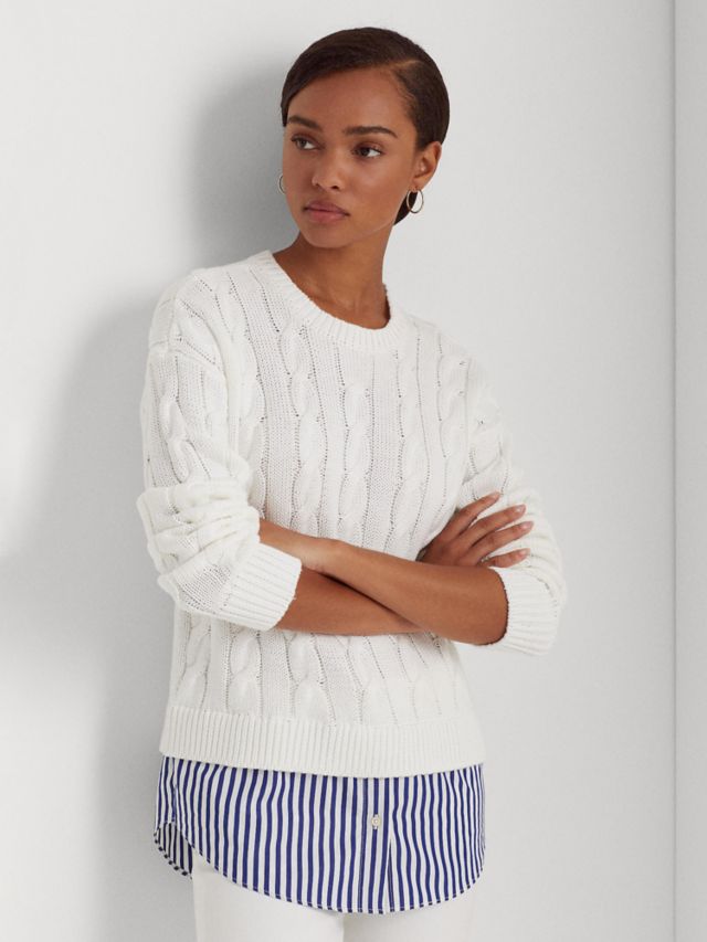 Lauren Ralph Lauren Valiza Cable Knit Layered Jumper, White, XS