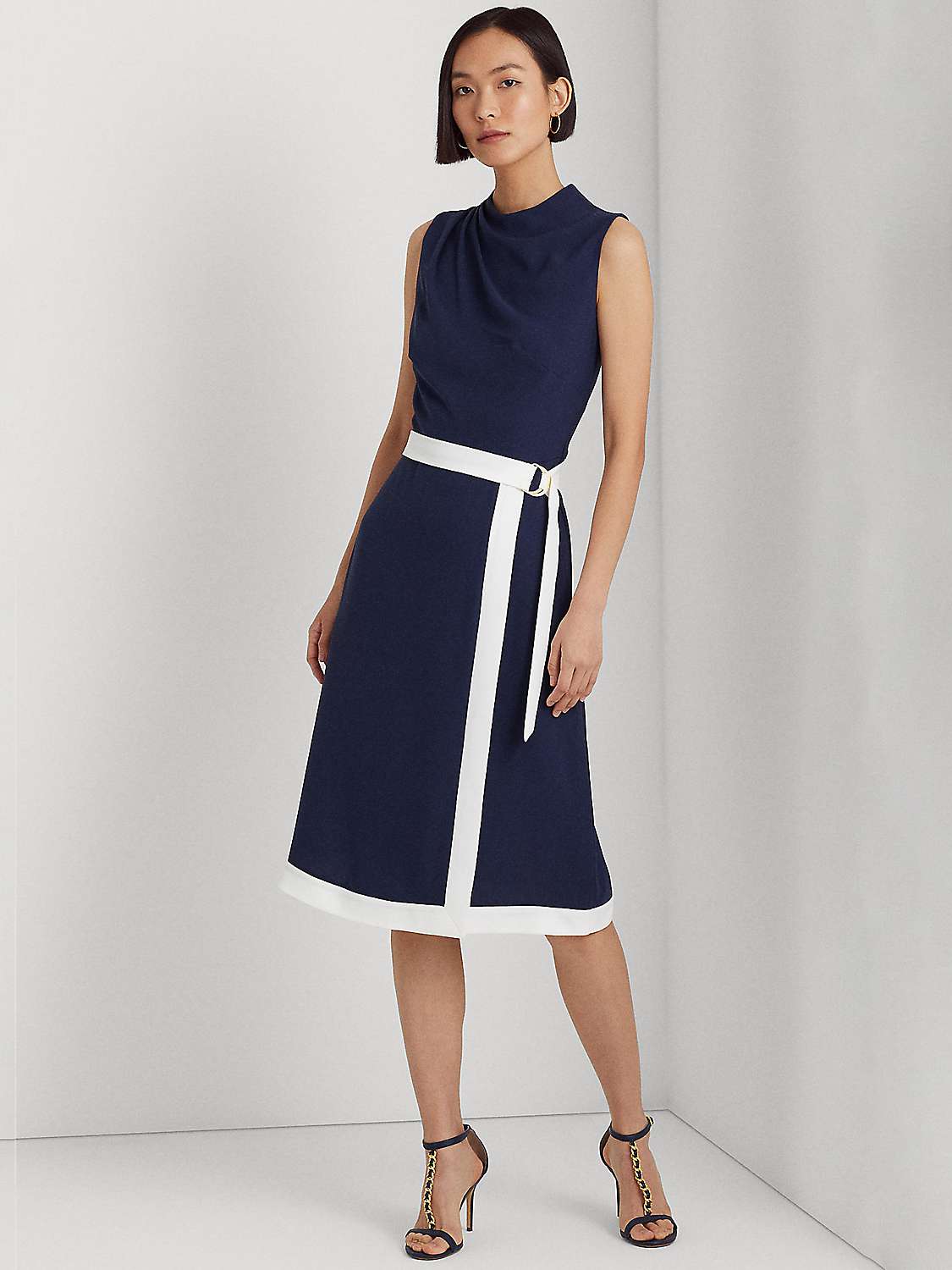 Lauren Ralph Lauren Neimanda Crepe Belted Dress, French Navy/White at John  Lewis & Partners