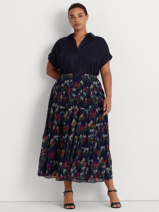 Lauren Ralph Lauren Curve Pauldina Floral Tiered Skirt, Navy/Multi, 18