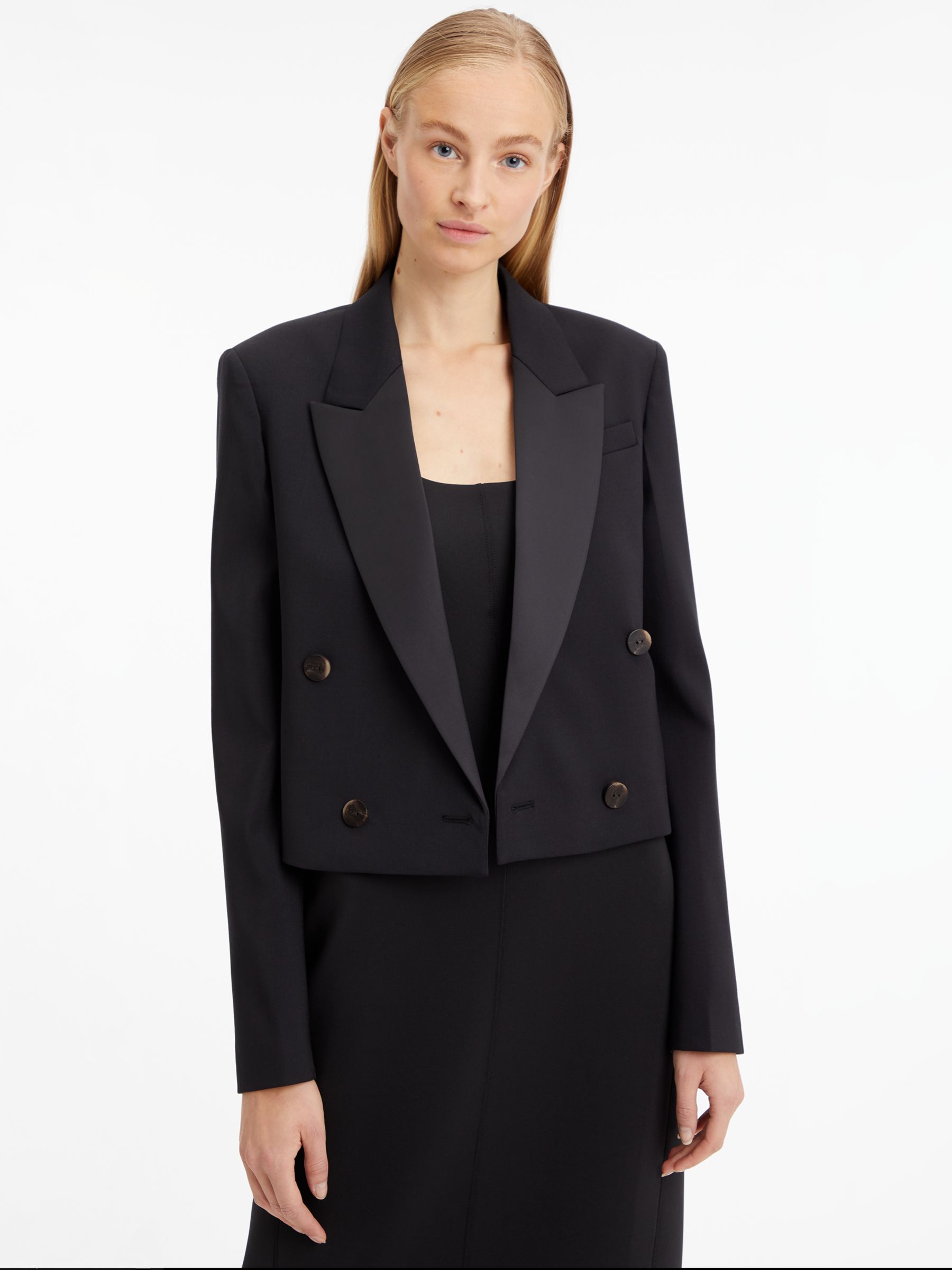 Calvin Klein Wool Cropped Tuxedo Blazer, Black at John Lewis & Partners