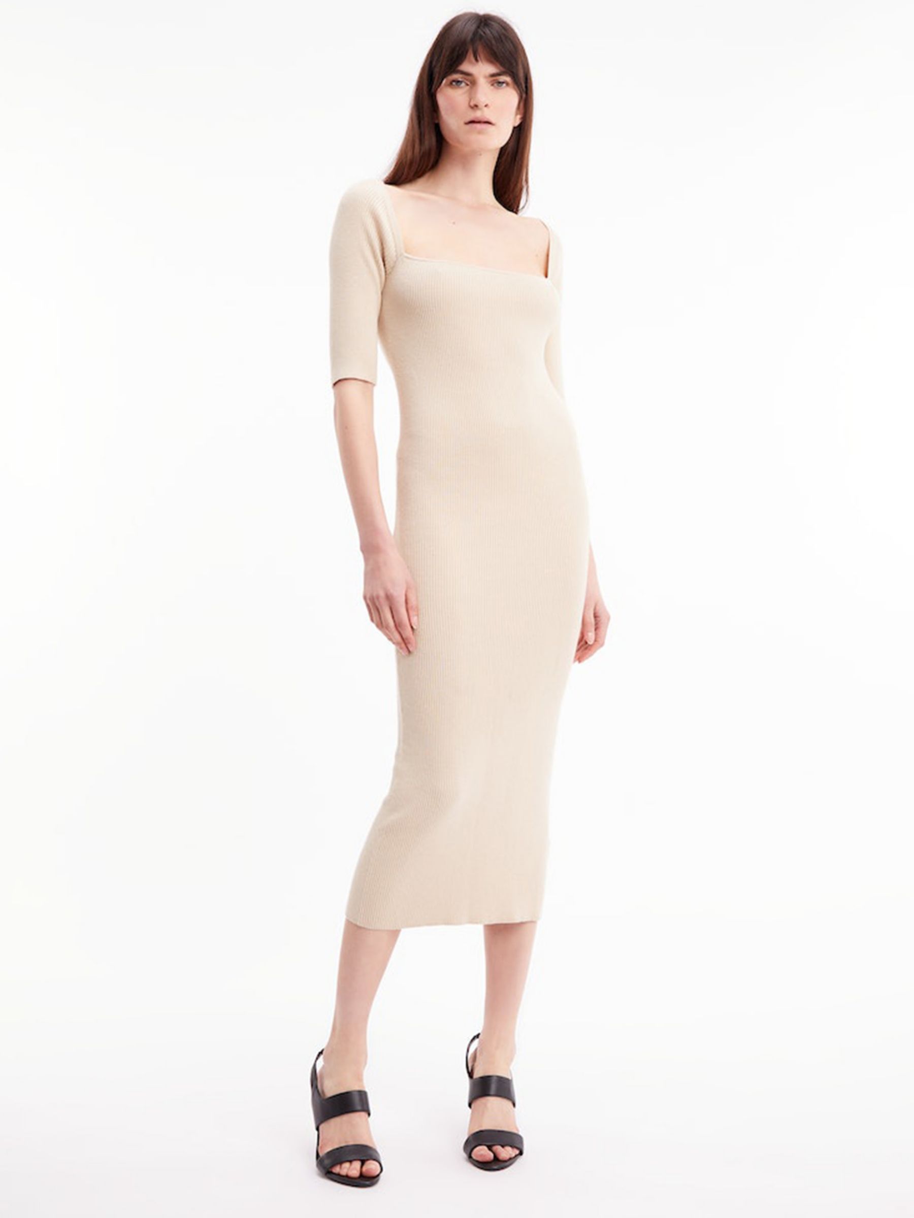 Calvin Klein Square Neck Cotton Wool Blend Midi Dress, White Clay at John  Lewis & Partners