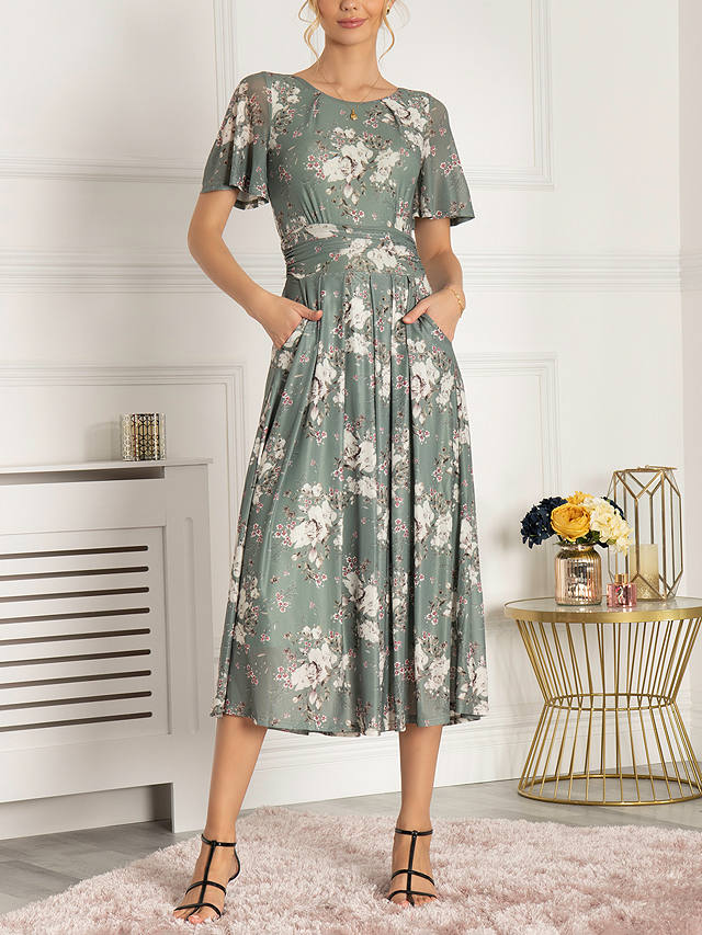 Jolie Moi Sapphire Floral Print Mesh Midi Dress, Dark Green