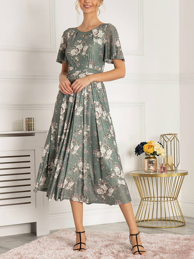 Jolie Moi Sapphire Floral Print Mesh Midi Dress, Dark Green