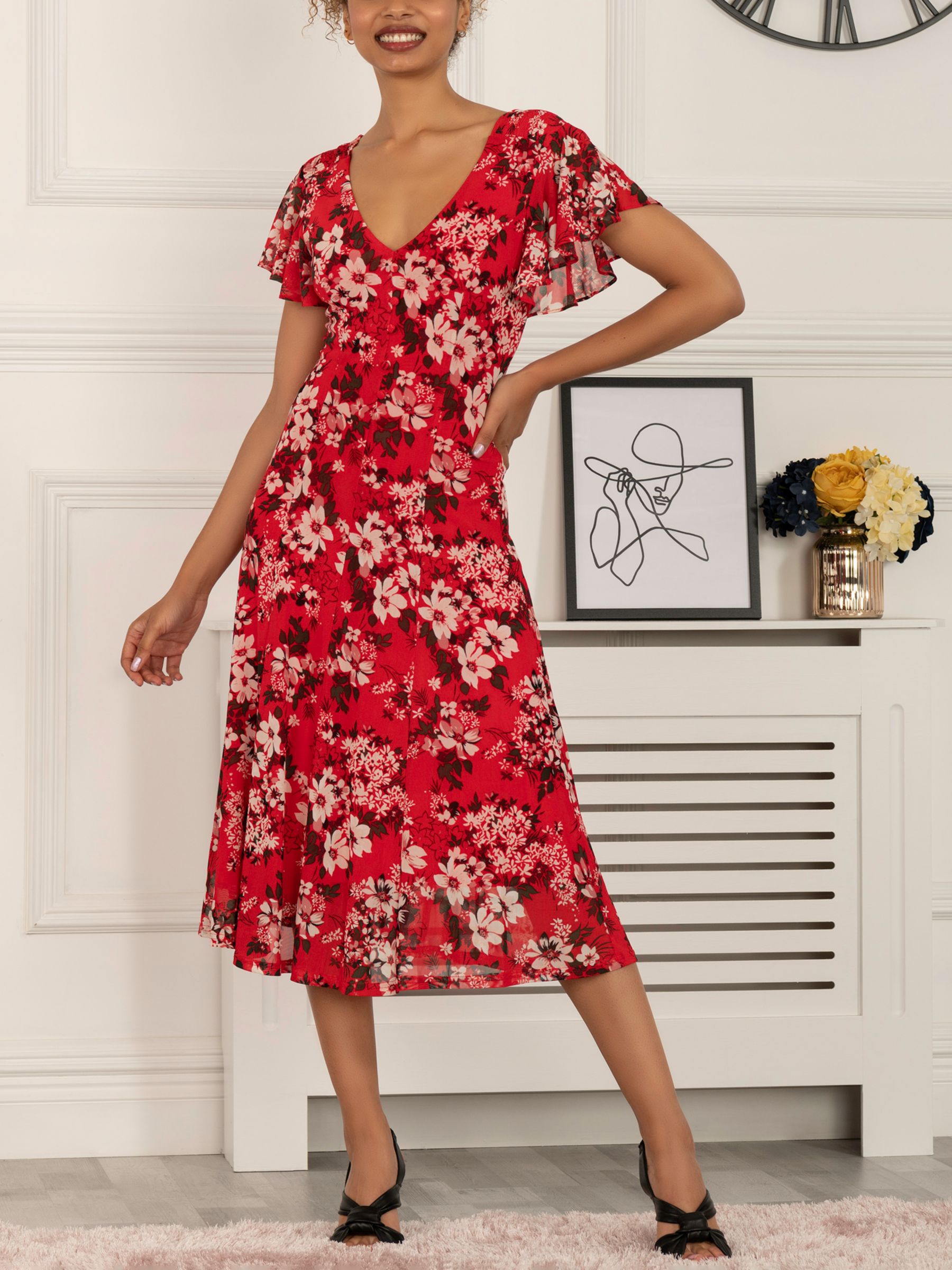 Jolie Moi Long Sleeve Floral Mesh Midi Dress, Scarlet/Multi at John Lewis &  Partners