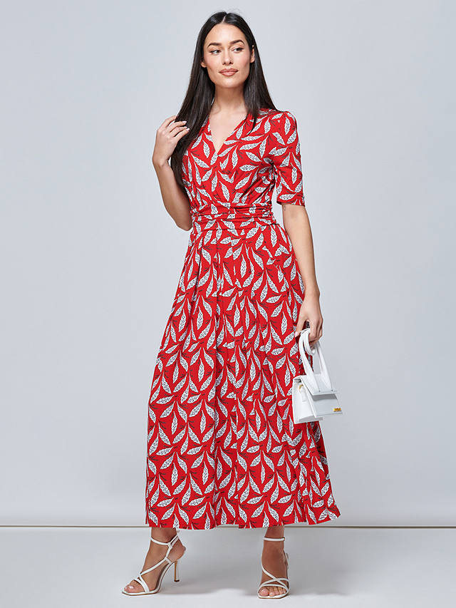Jolie Moi Coleen Leaf Print Jersey Maxi Dress, Red/Multi