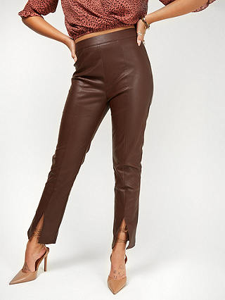 Little Mistress Faux Leather Front Split Hem Trousers, Dark Brown