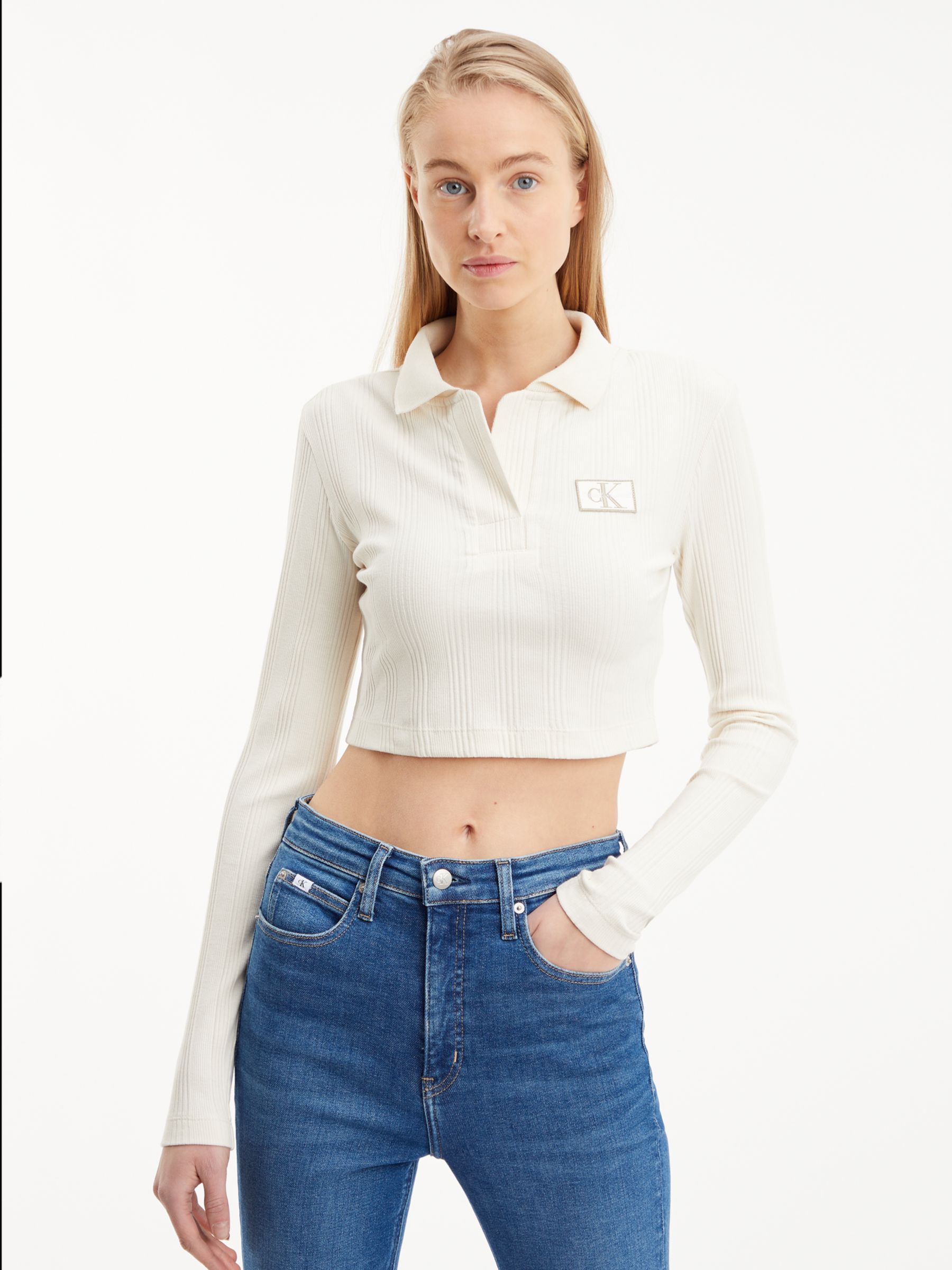 Calvin Klein Cropped Long Sleeve Polo Top, Ivory at John Lewis & Partners