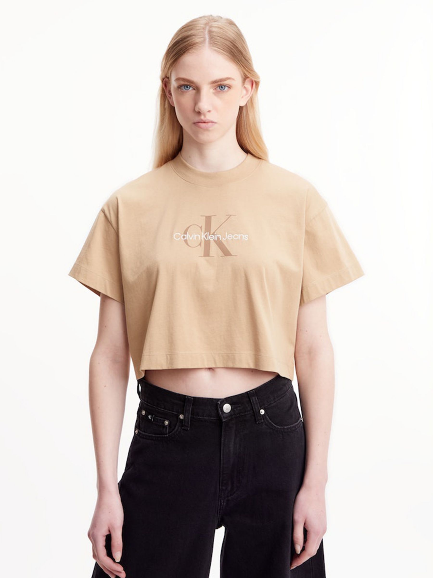 Buy Calvin Klein Archival Monologo Cropped Cotton T-Shirt, Travertine Online at johnlewis.com