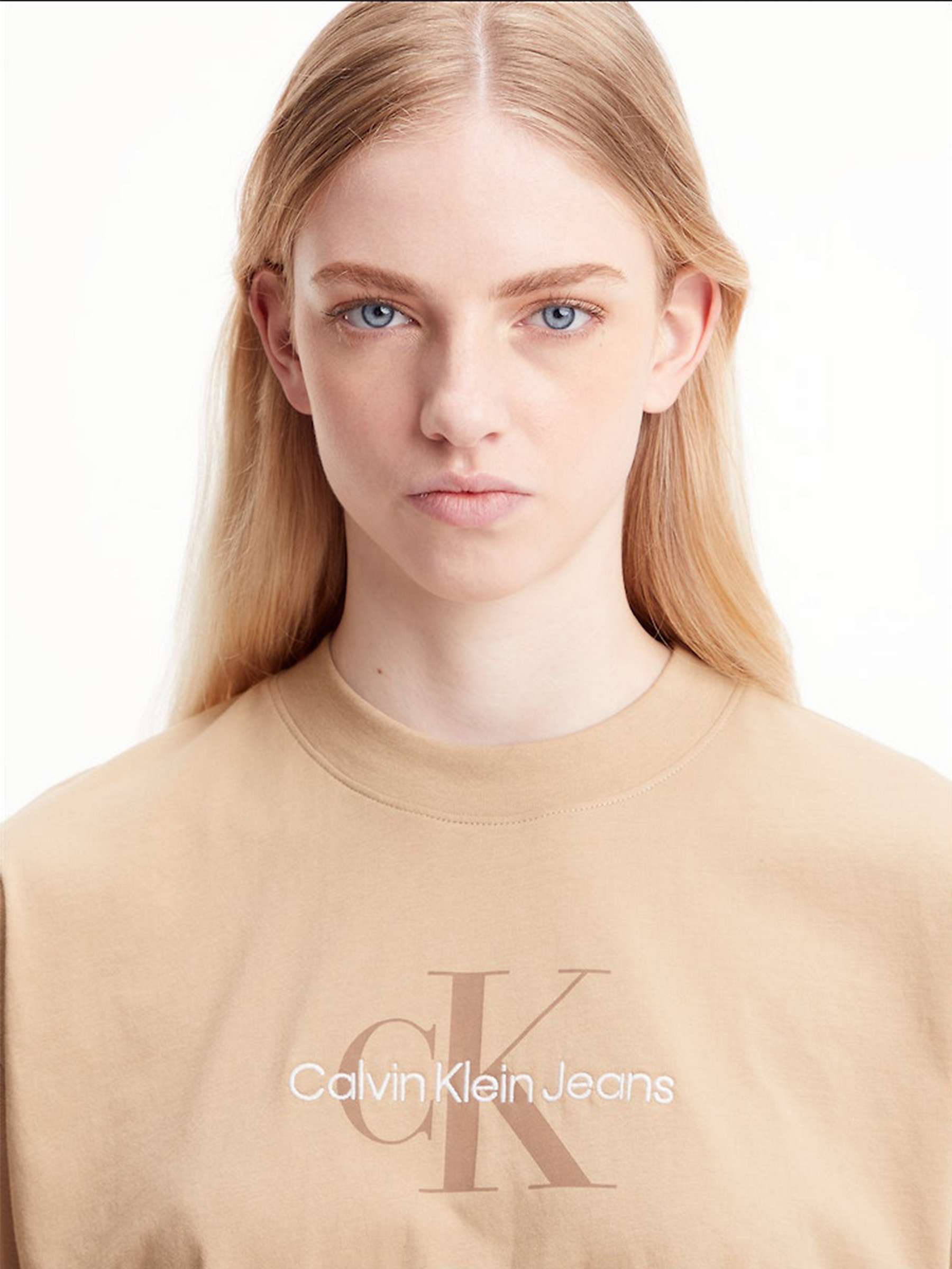 Buy Calvin Klein Archival Monologo Cropped Cotton T-Shirt, Travertine Online at johnlewis.com