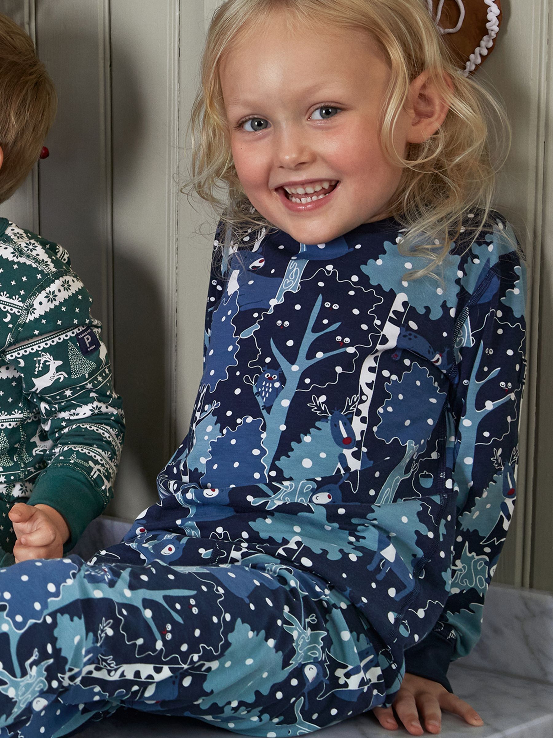 Polarn O. Pyret Kids' GOTS Organic Cotton Nordic Winter Pyjamas, Navy/Multi