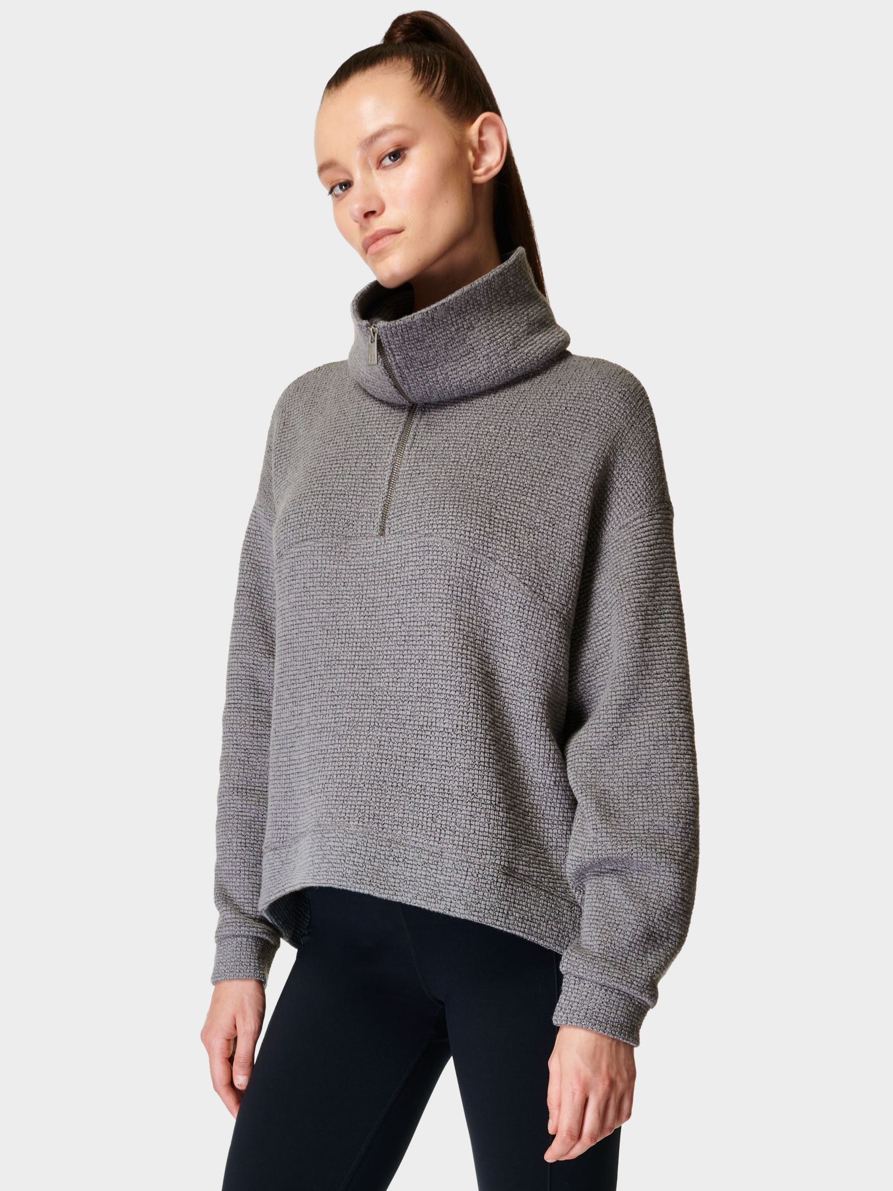 Sweaty Betty Restful Boucle Half Zip Jumper, Charcoal Marl, XXS