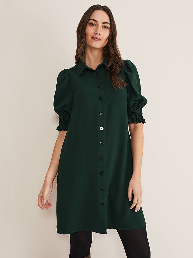 Phase Eight Candice Puff Sleeve Shirt Dress, Dark Green
