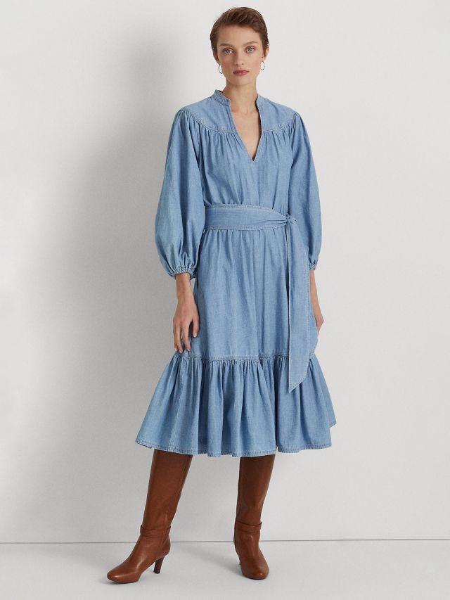 Lauren Ralph Lauren Vrateska Chambray Tiered Dress, Coastal, 6