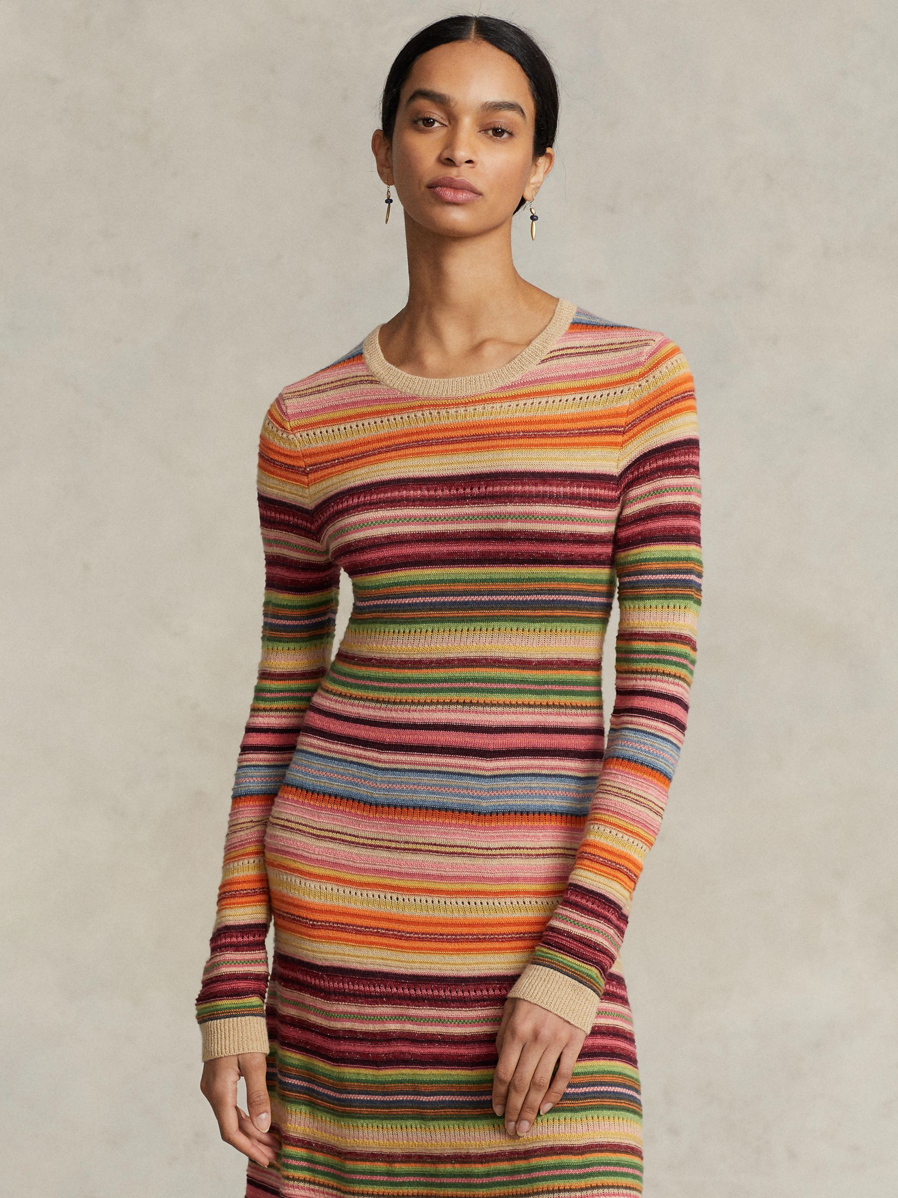 Polo Ralph Lauren Textured Stripe Bodycon Linen Cashmere Blend Dress,  Orange/Multi at John Lewis & Partners