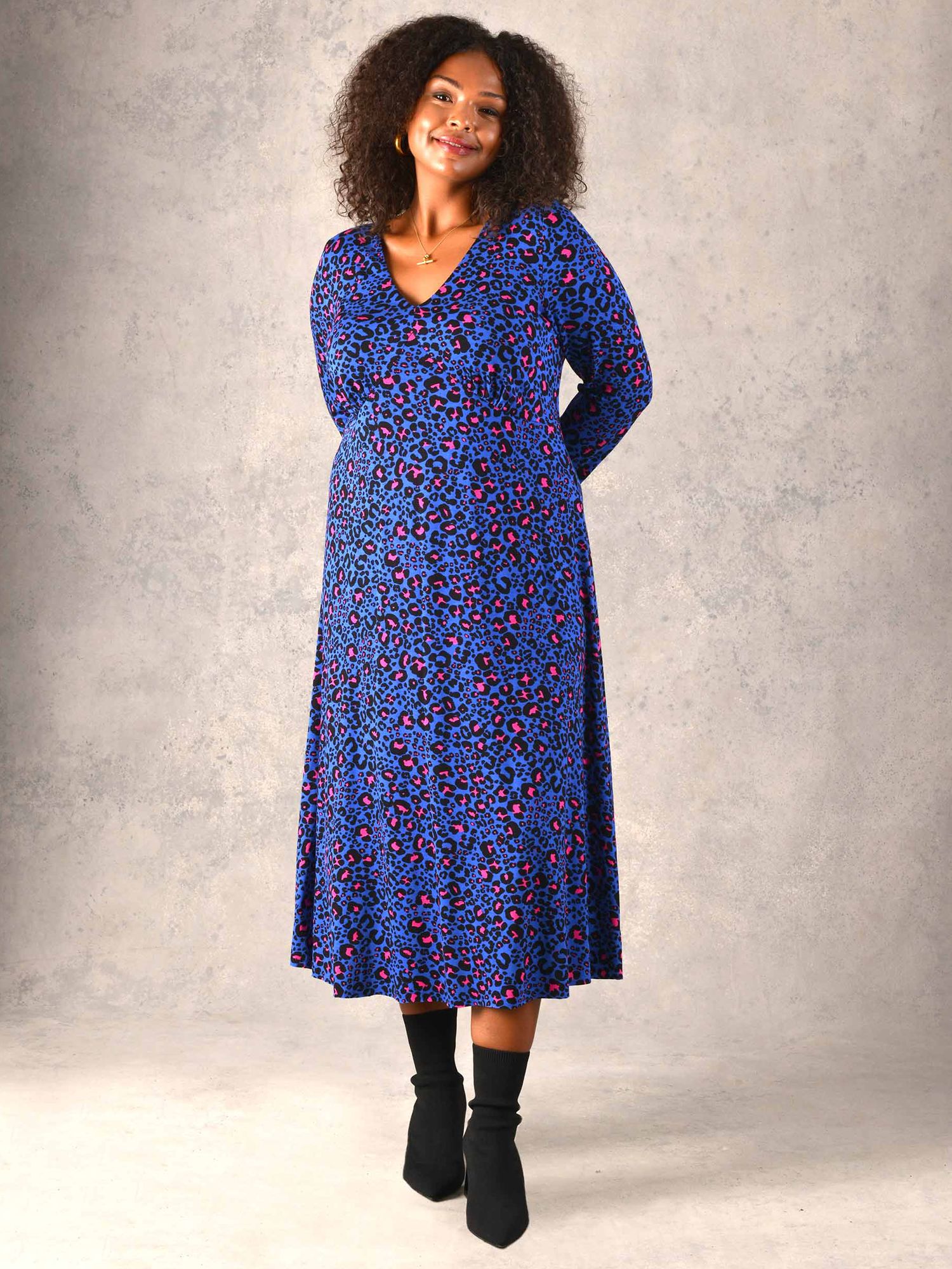 Live Unlimited Curve Animal Print V Neck Jersey Midi Dress, Blue at ...