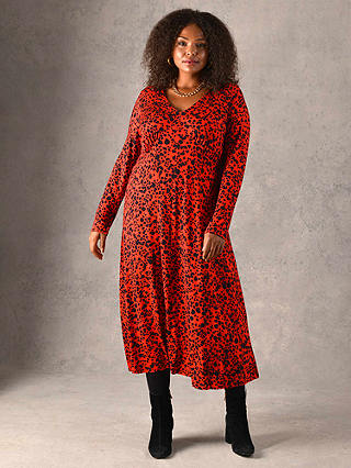 Live Unlimited Curve Pebble Print V Neck Jersey Midi Dress, Red
