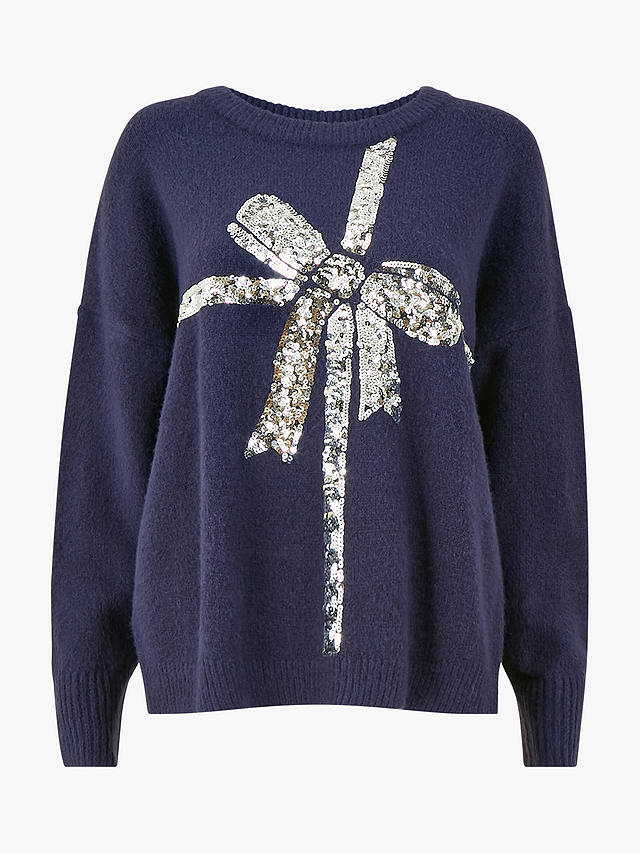 Yumi Large Sequin Bow Knitted Jumper, Navy