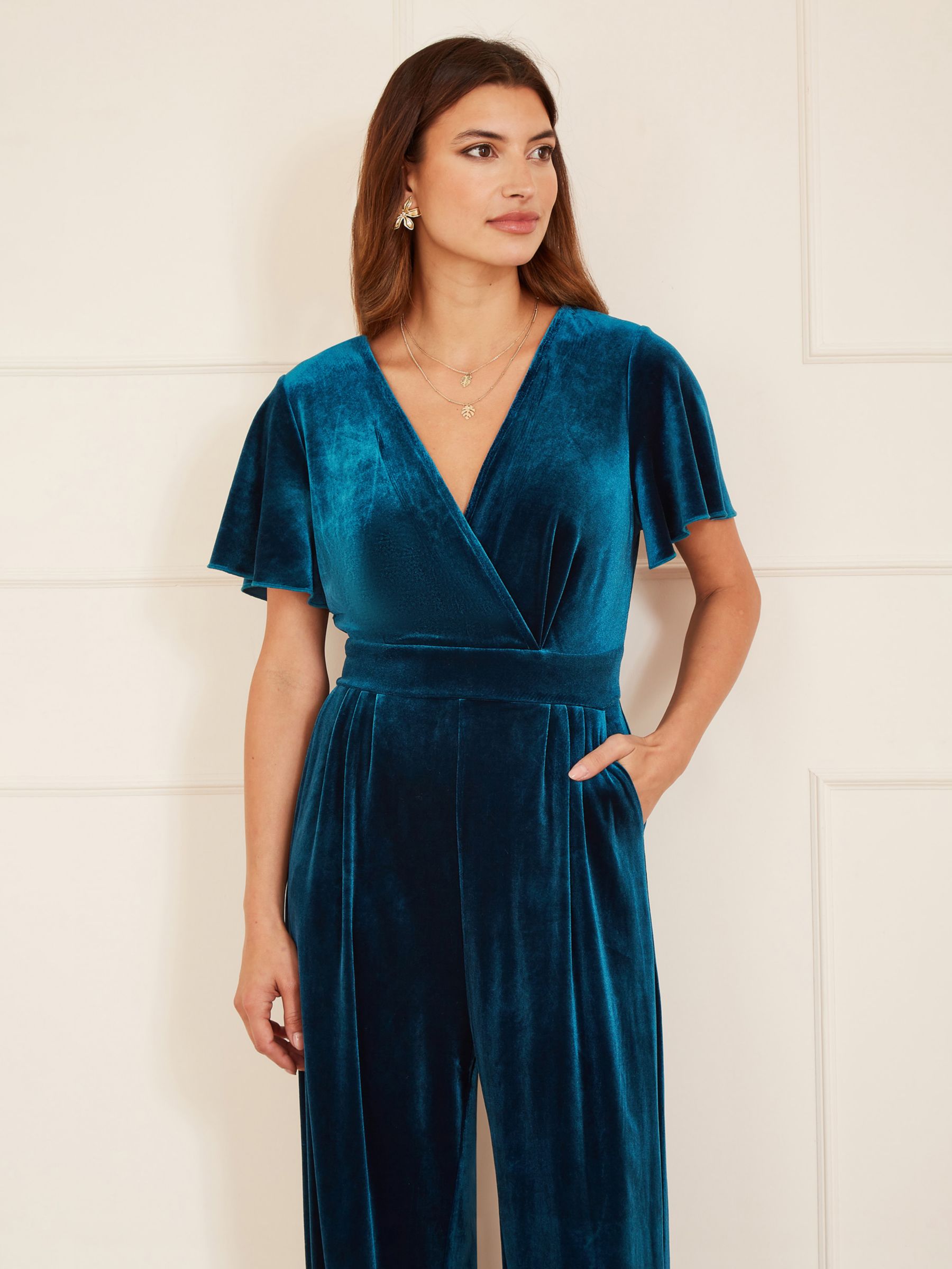 Yumi Velvet Angle Sleeve Jumpsuit, Teal at John Lewis & Partners