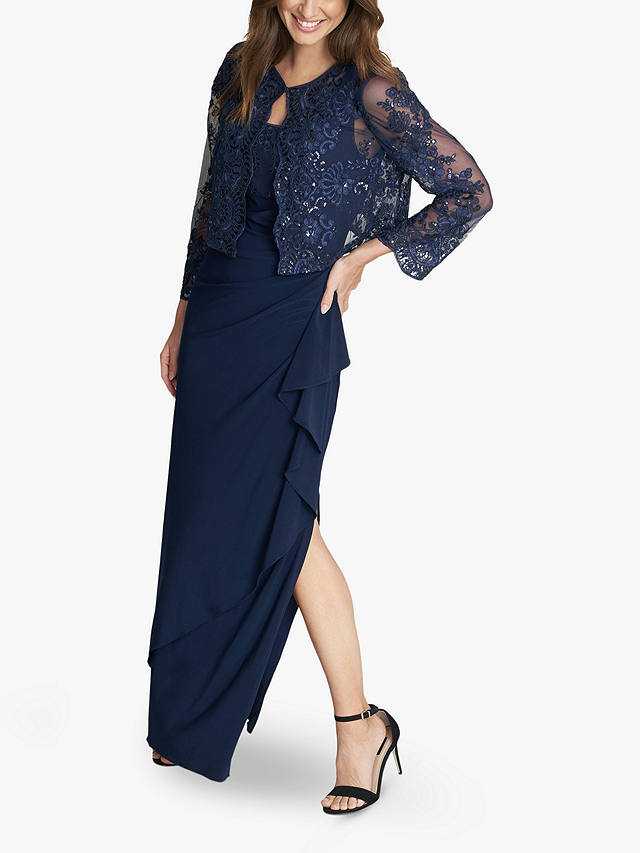 Gina Bacconi Meridith Embroidered Lace Detail Maxi Dress and Jacket, Navy, 10