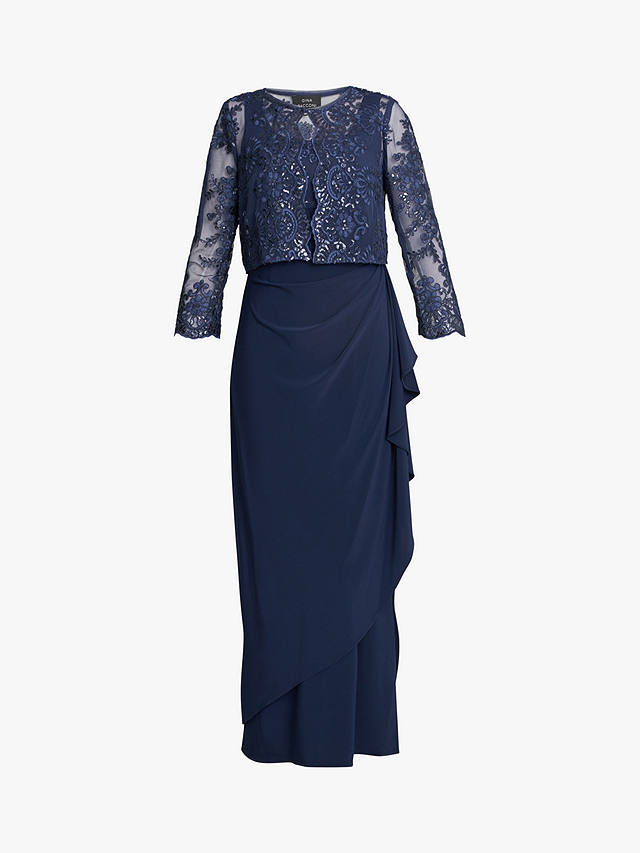 Gina Bacconi Meridith Embroidered Lace Detail Maxi Dress and Jacket, Navy, 10