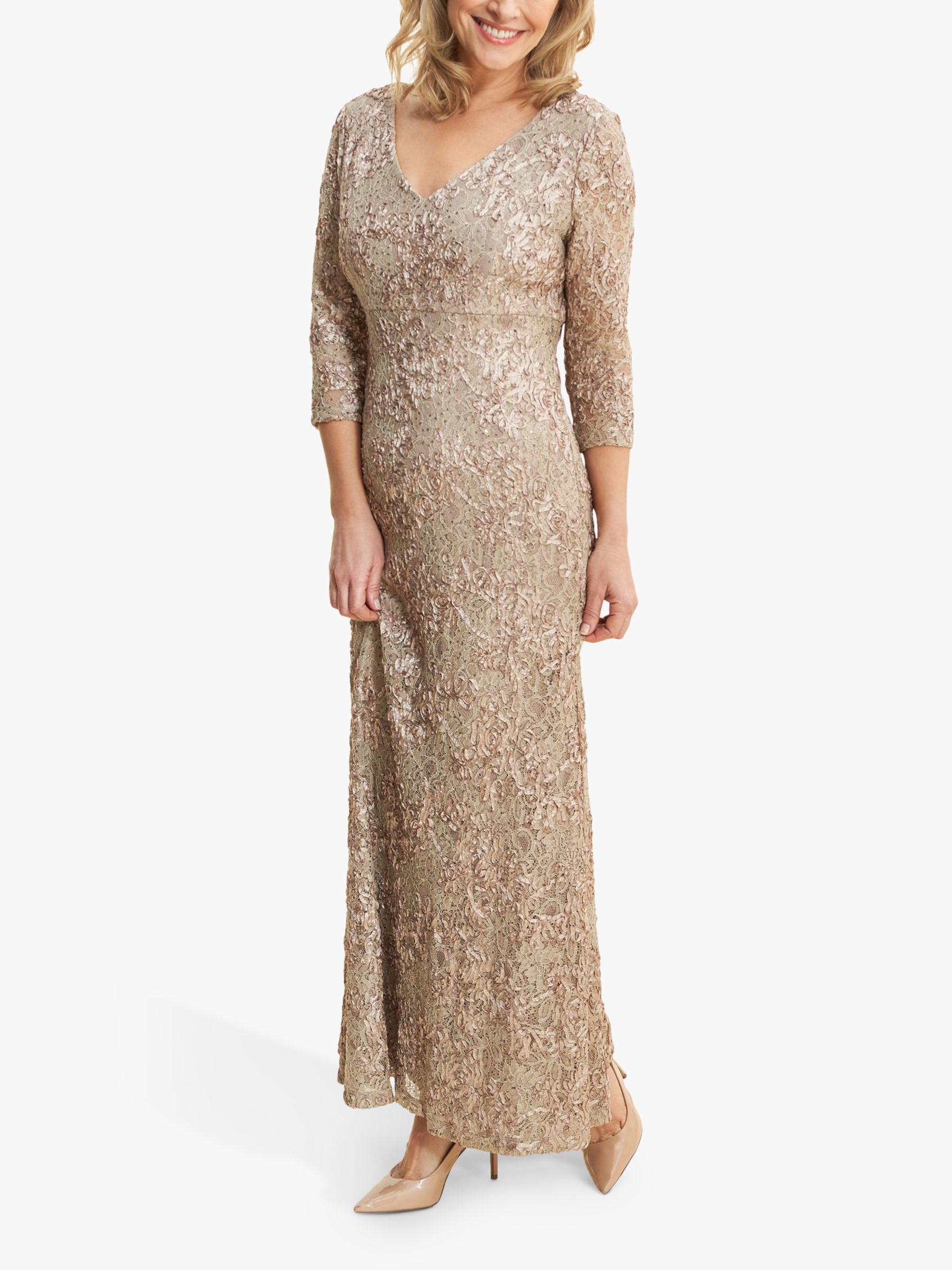 Gina Bacconi Pauline Embroidered Lace Maxi Dress, Antique Gold