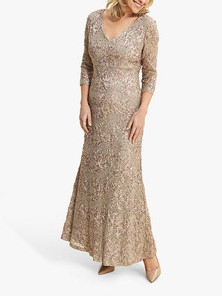 Gina Bacconi Pauline Embroidered Lace Maxi Dress, Antique Gold
