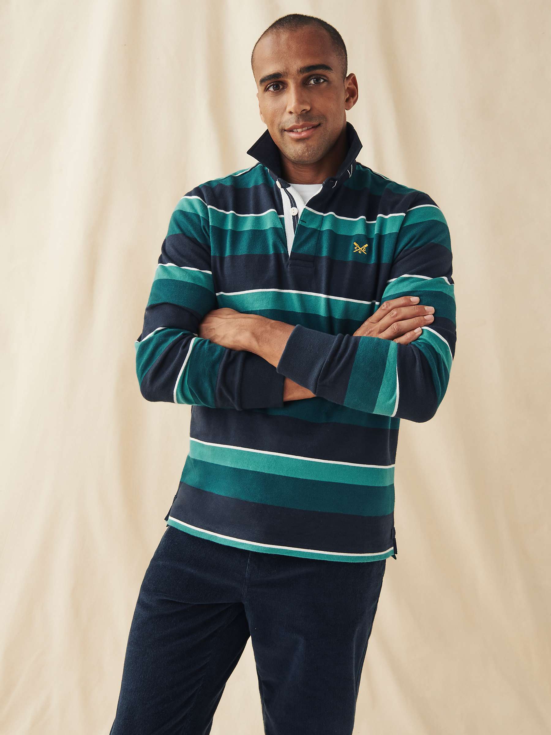 Crew Clothing Walsham Stripe Rugby Top, Teal Blue at John Lewis and Partners