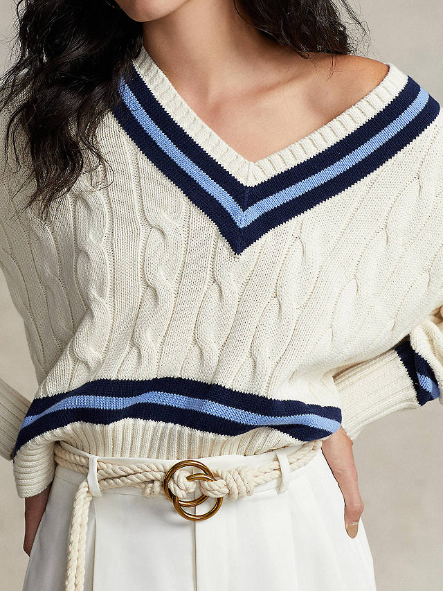 Ralph Lauren Cricket Knit Stripe Jumper, Cream/Navy