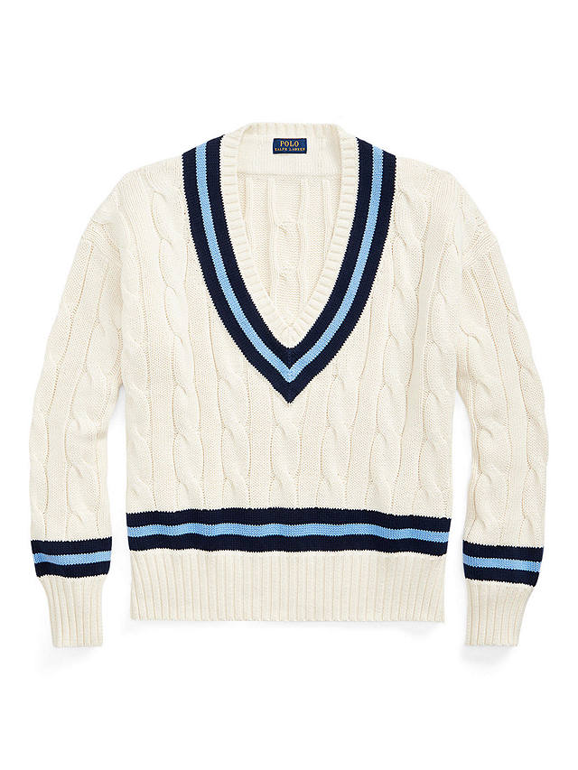 Ralph Lauren Cricket Knit Stripe Jumper, Cream/Navy