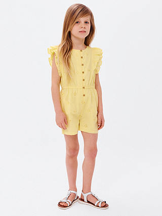 John Lewis Kids' Broderie Anglaise Frill Sleeve Playsuit, Pale Banana
