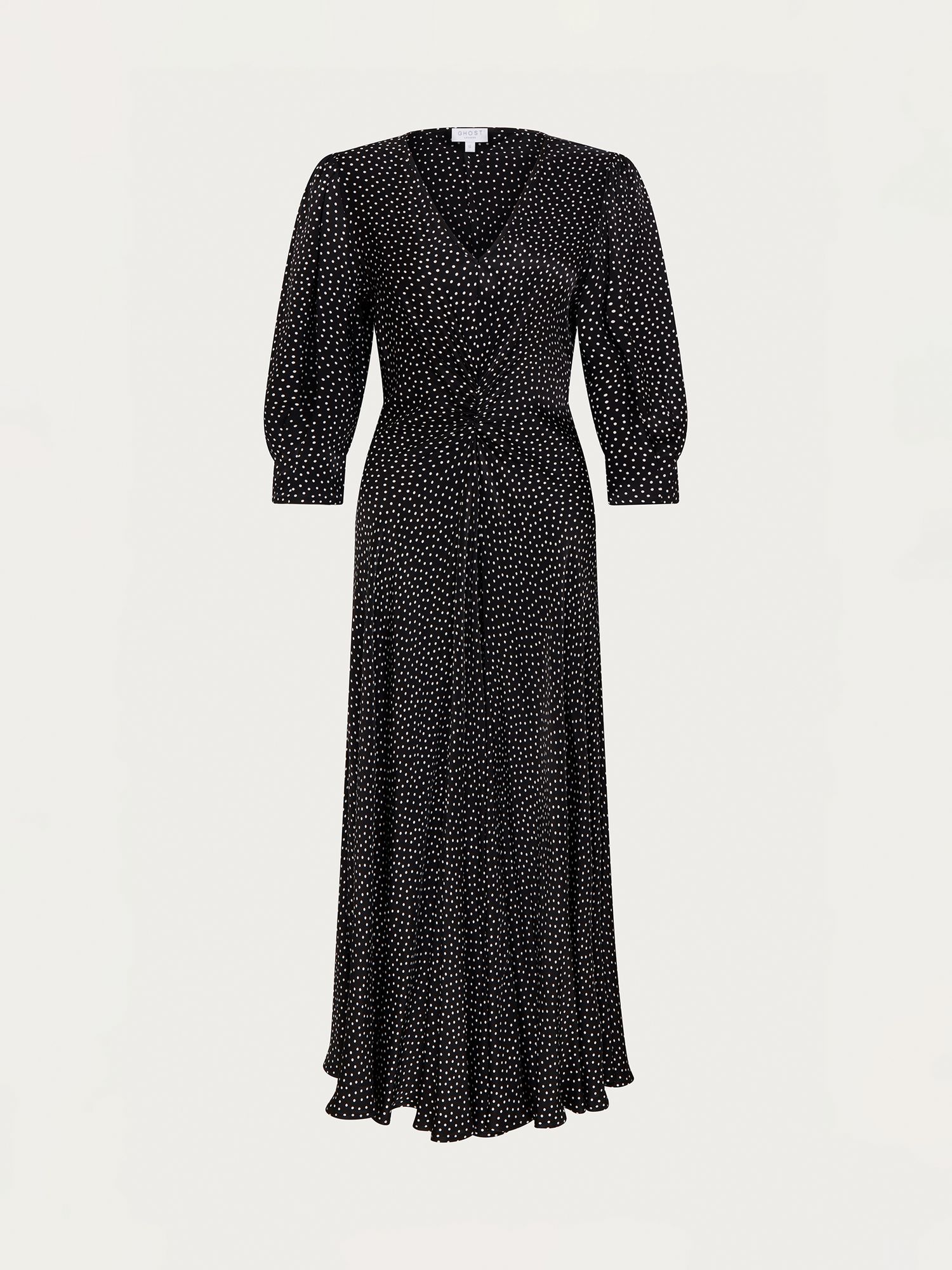 Ghost Louisa Polka Dot Satin Midi Dress, Black at John Lewis & Partners