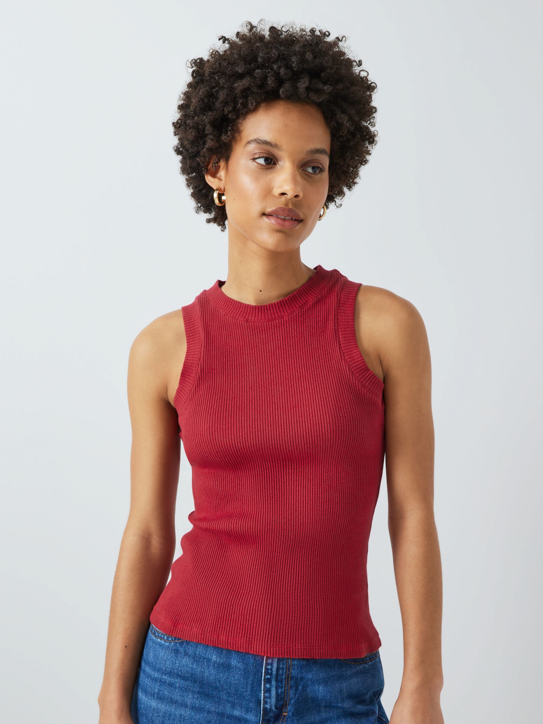John Lewis Ribbed Cotton High Neck Vest Top, Mid Red, 8