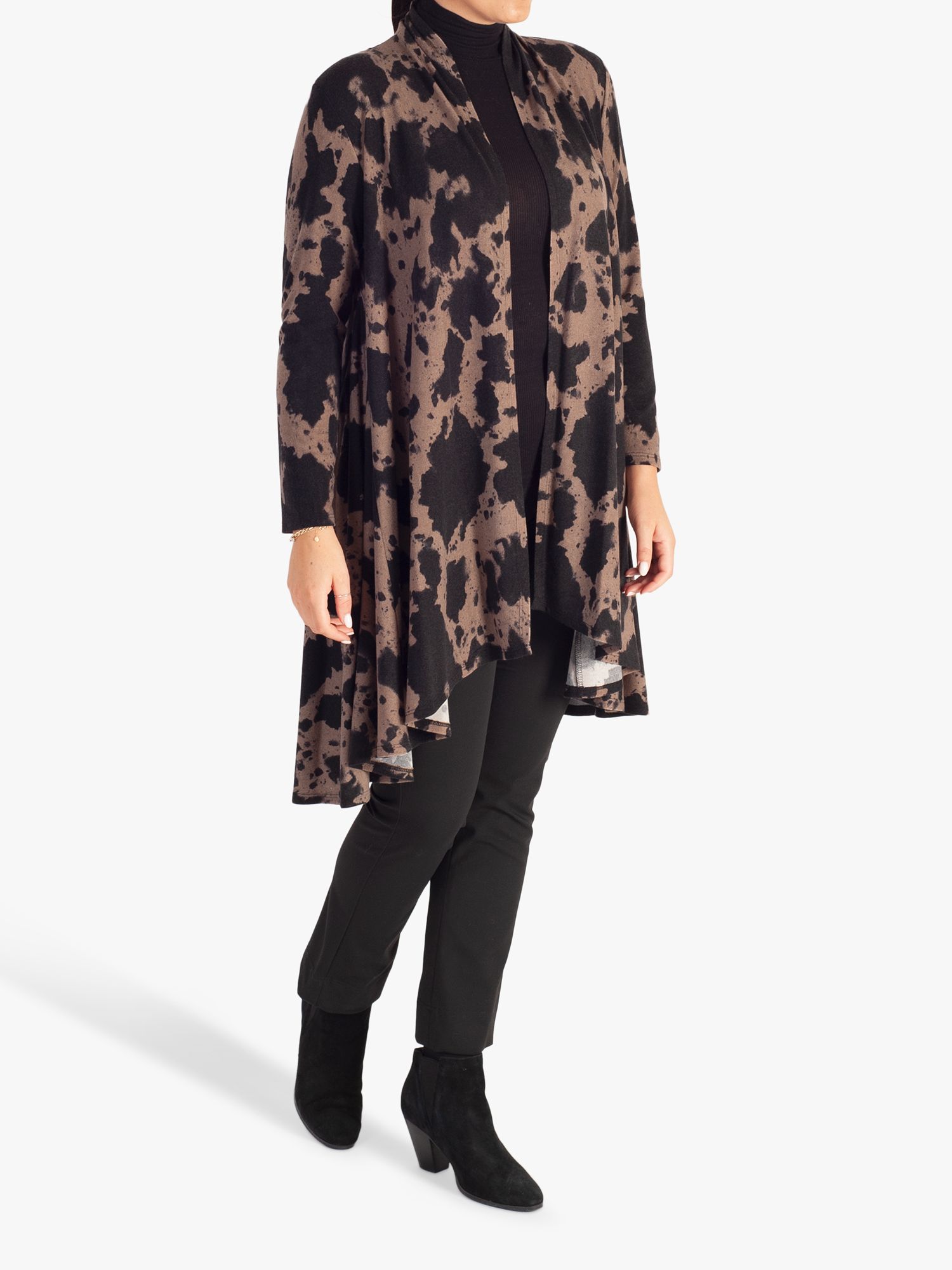 chesca Abstract Print Longline Jersey Cardigan, Stone/Black, 12-14