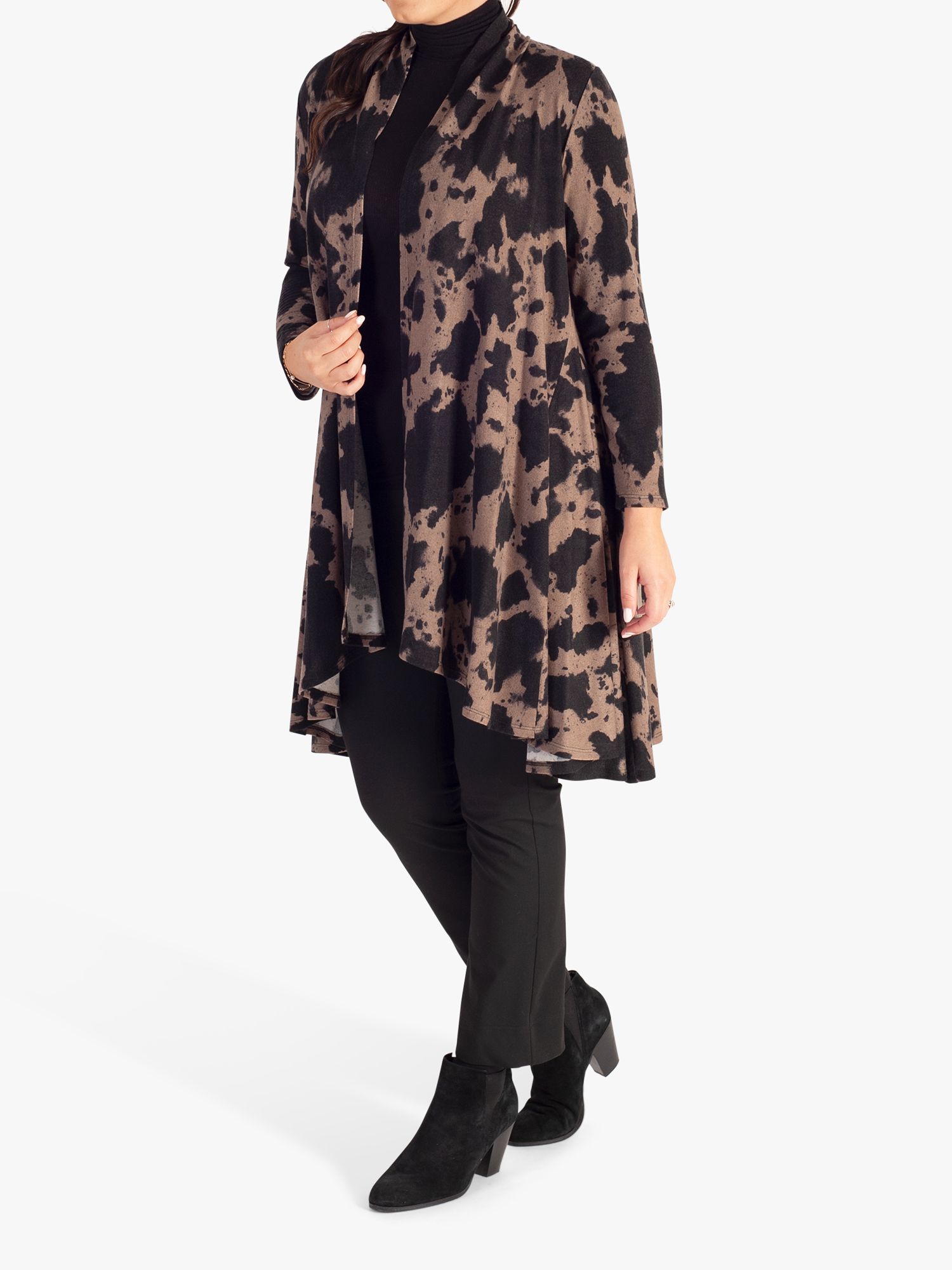 chesca Abstract Print Longline Jersey Cardigan, Stone/Black, 12-14