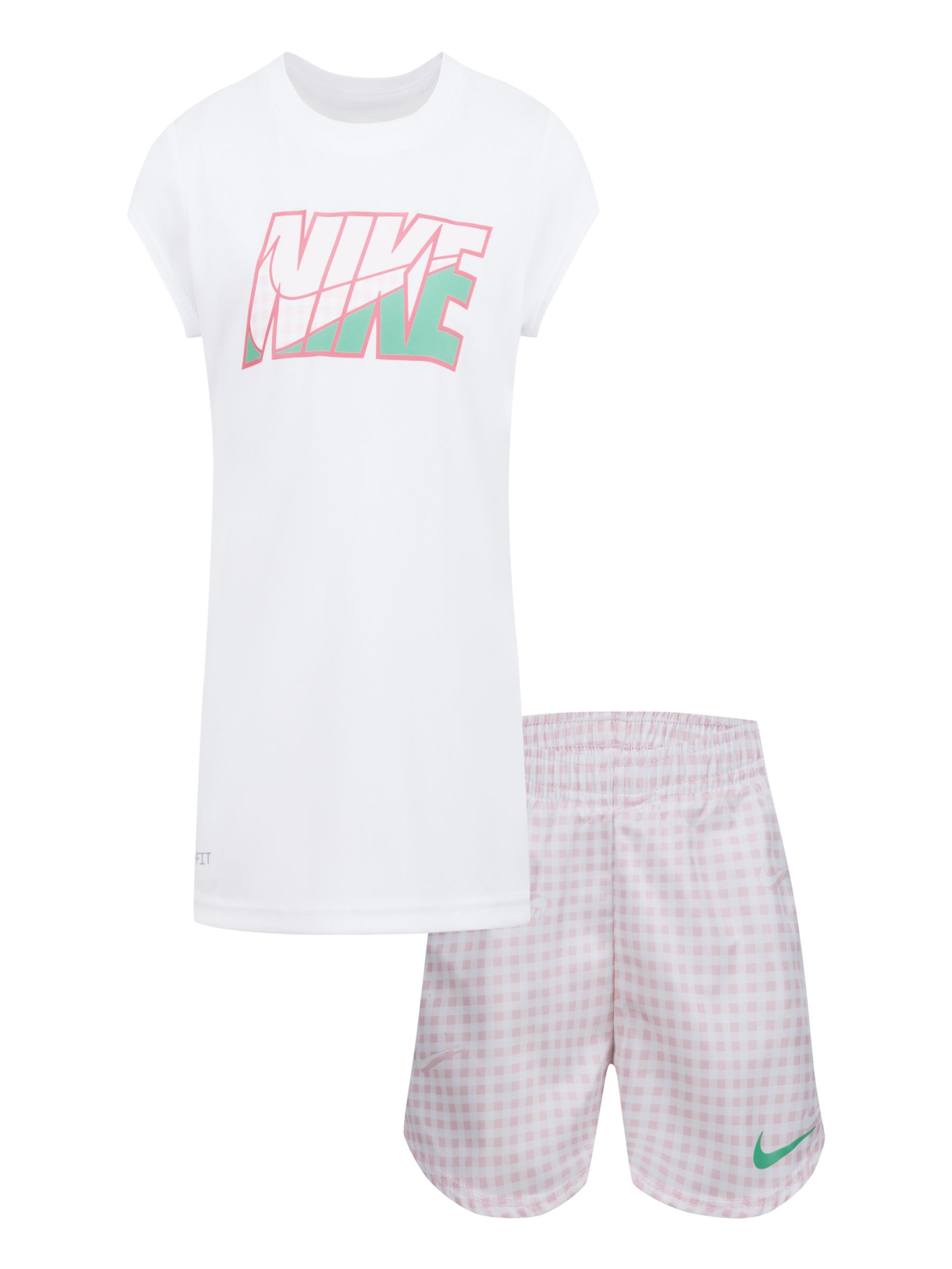 Nike Kids' Logo Longline Dri-FIT T-Shirt & Shorts Set, Pink Bloom
