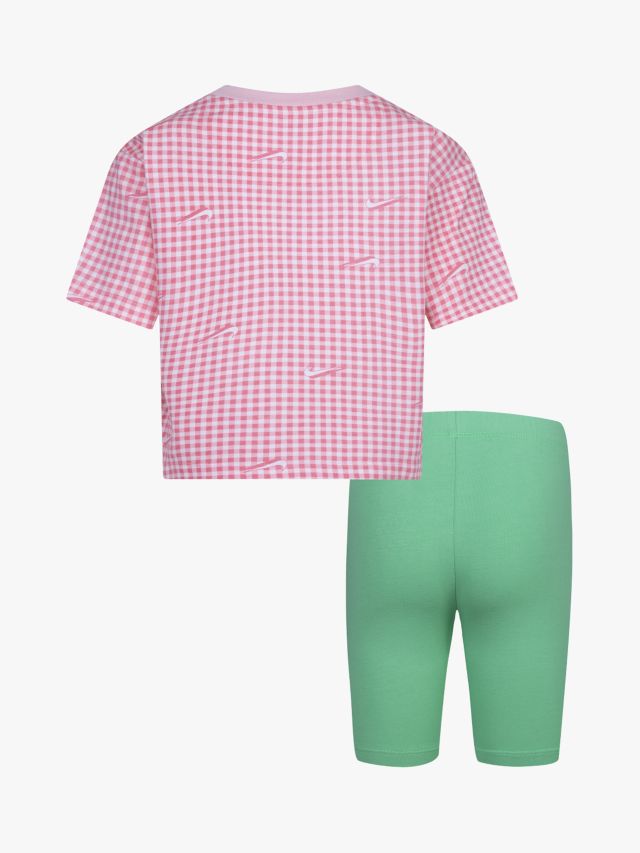 Nike Kids' Logo Boxy Check Print T-Shirt & Plain Shorts Set, Pink/Spring  Green, 2