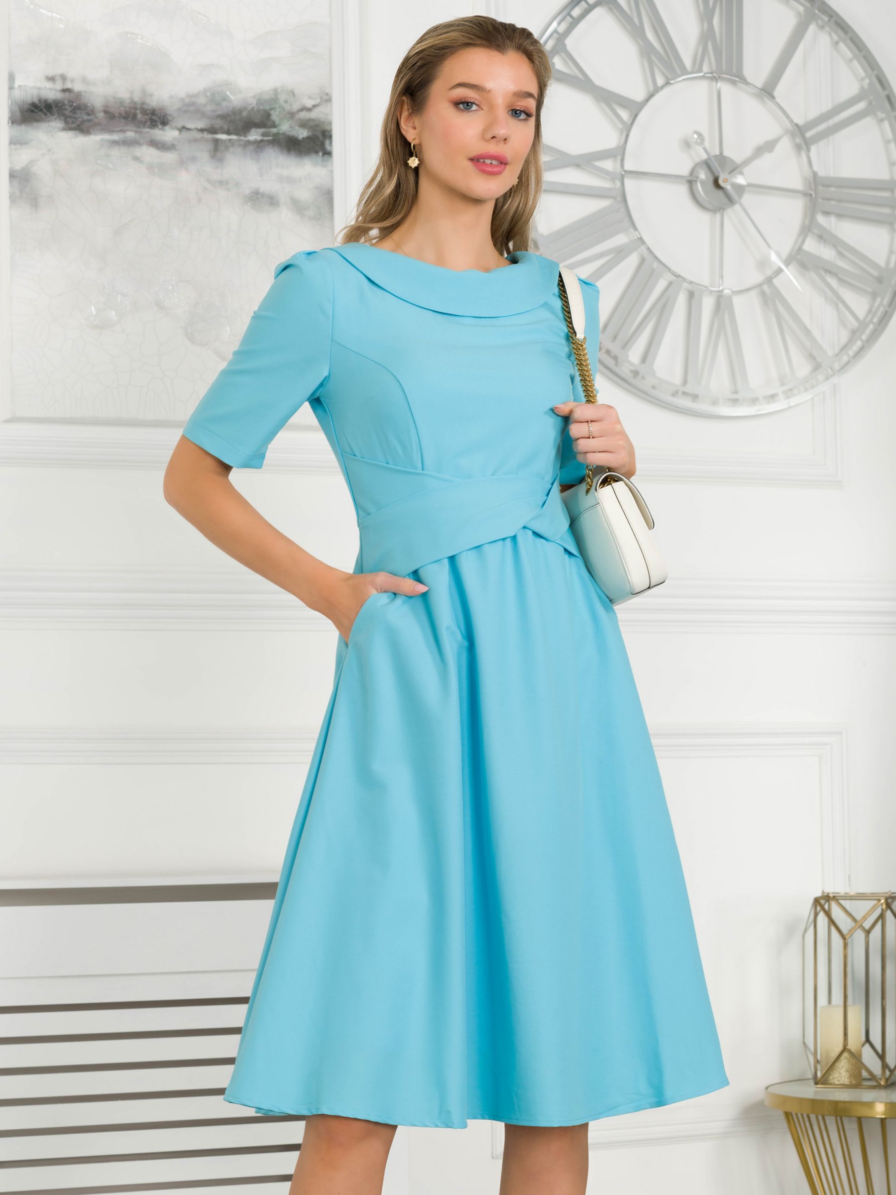 Jolie Moi Anica Fold Neck Dress, Cerulean Blue at John Lewis & Partners
