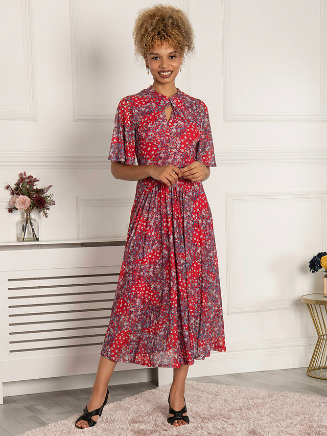 Jolie Moi Tina Floral Print Twist Neck Midi Dress, Red