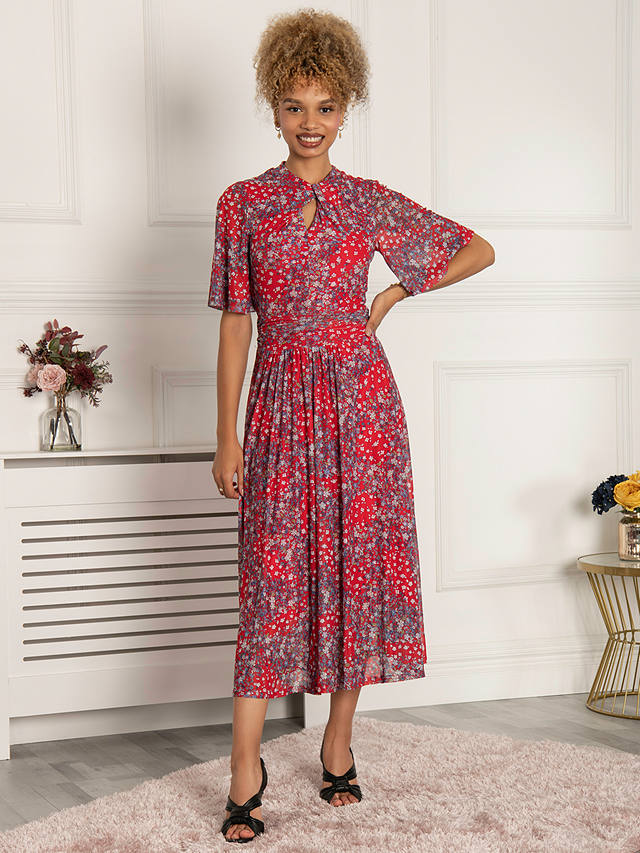 Jolie Moi Tina Floral Print Twist Neck Midi Dress, Red