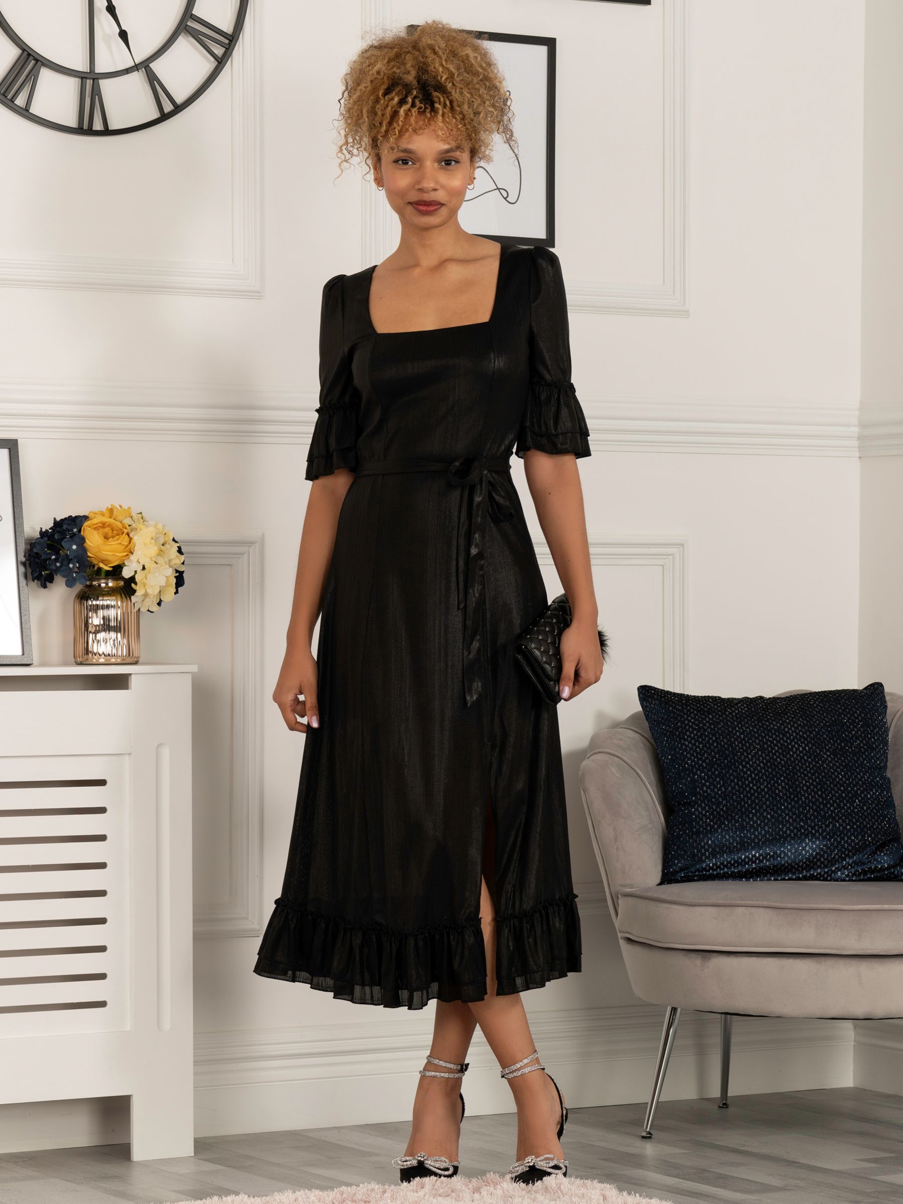 Jolie Moi Janice Square Neck Frill Midi Dress, Black, 8