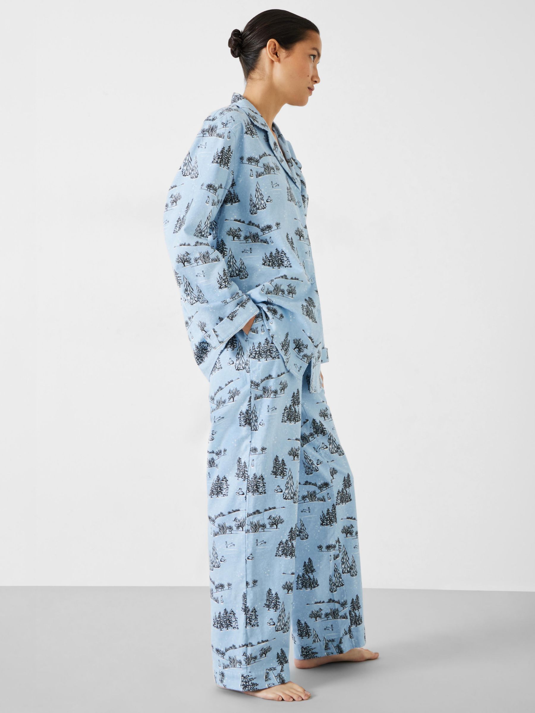 HUSH Liv Snowy Wood Print Flannel Cotton Pyjama Set, Blue, XS Regular