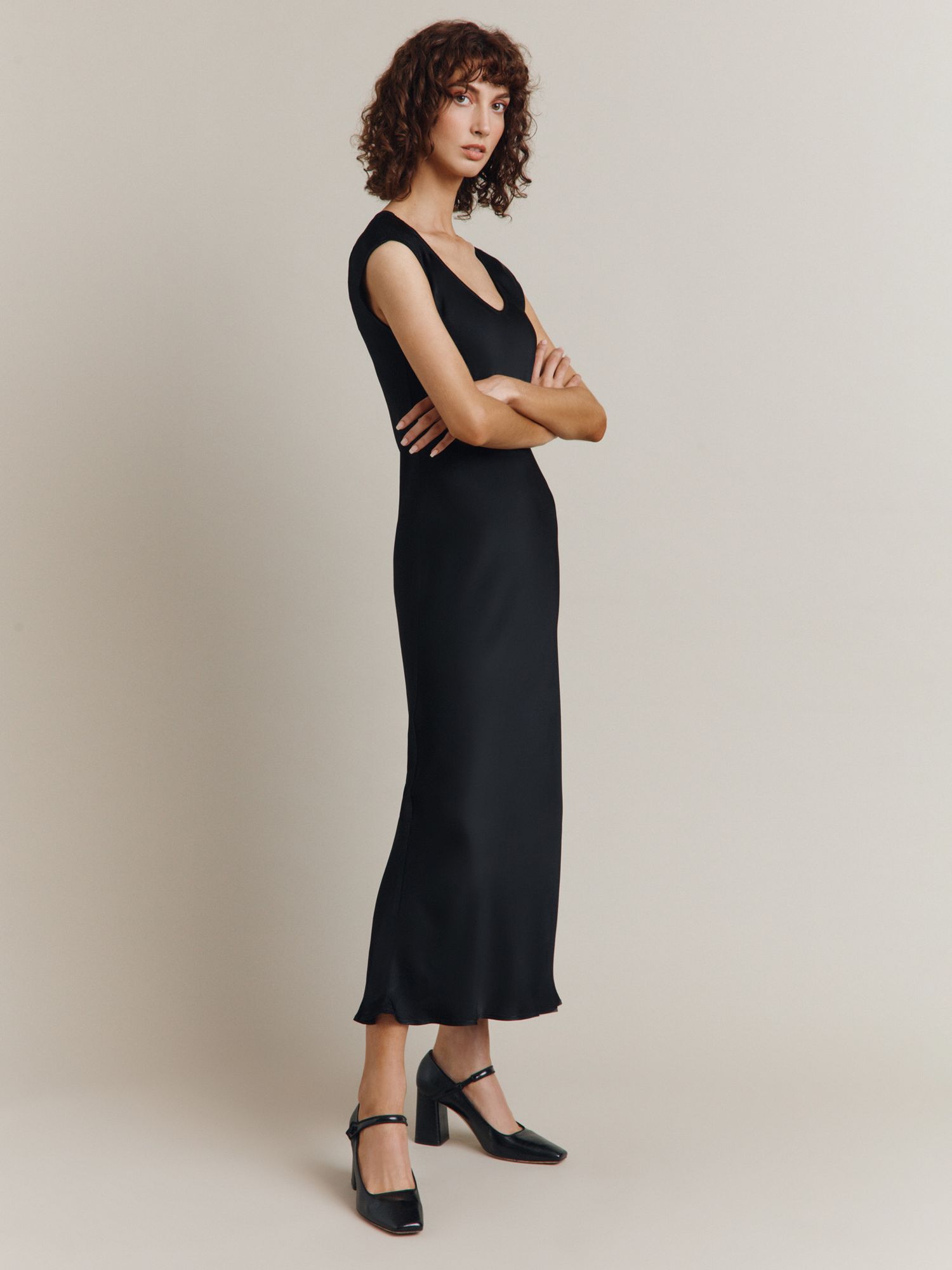Ghost Kiera Satin Bias Cut Midi Dress, Black at John Lewis & Partners
