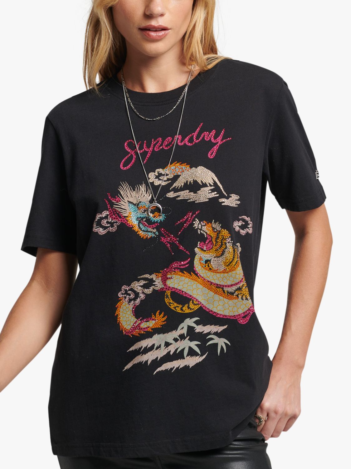 Superdry Rhinestone Japanese Graphic T-Shirt, Heavy Amp Black, 8