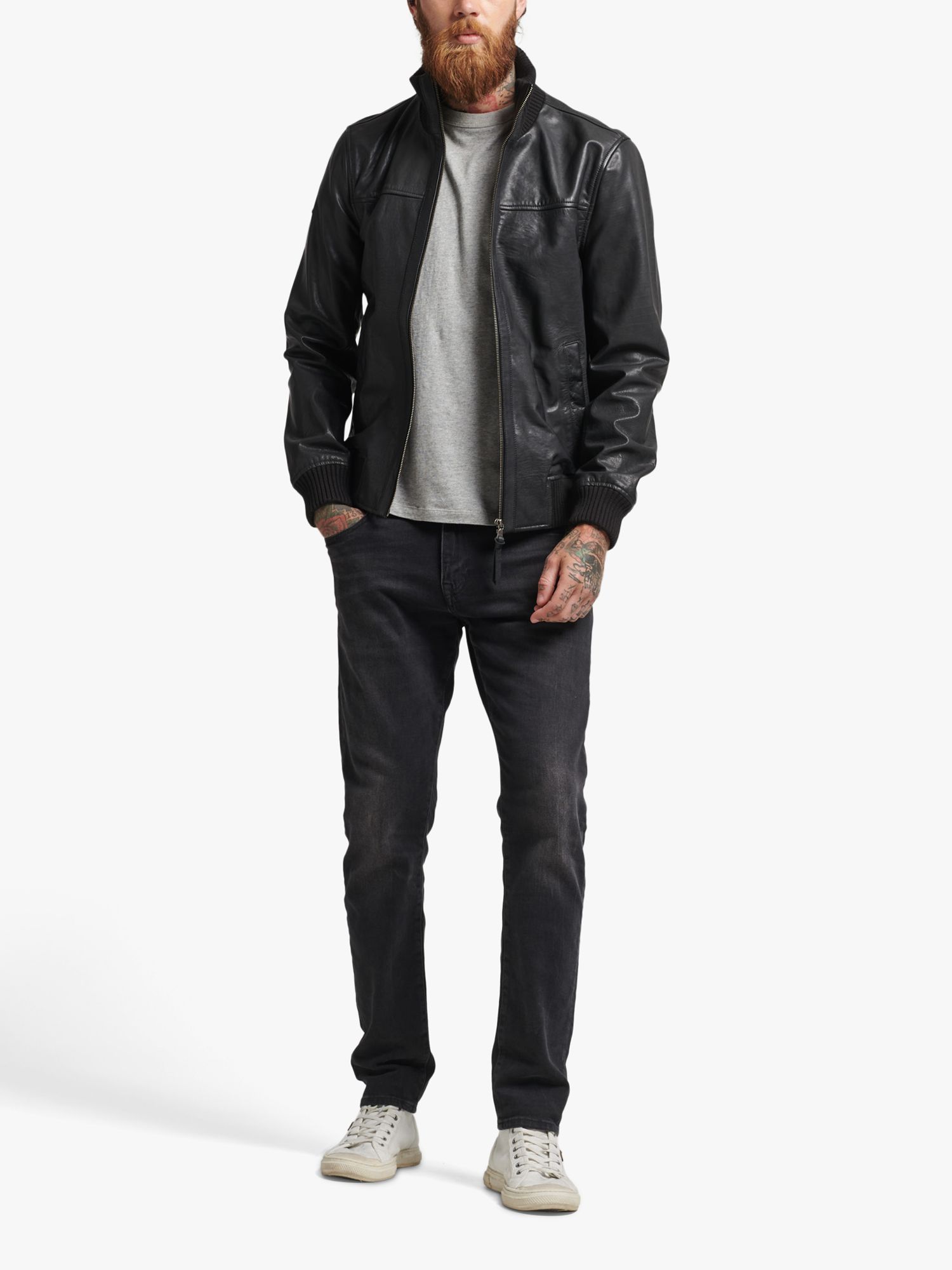 Superdry Knitted Collar Leather Bomber Jacket, Black at John Lewis ...