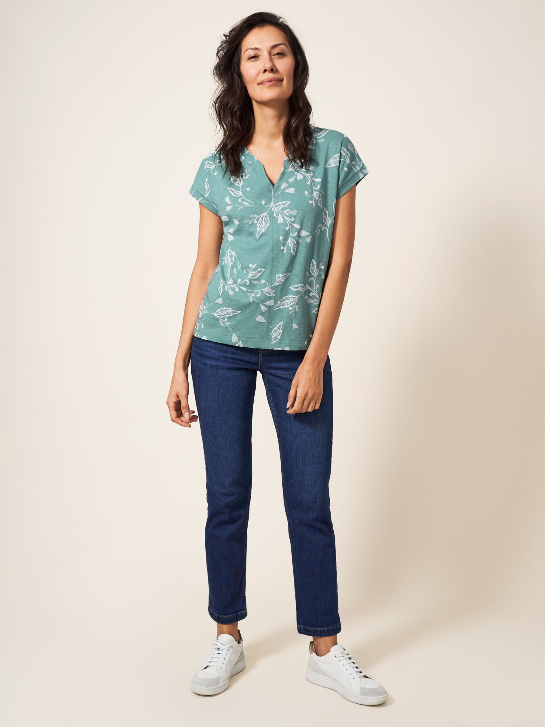 White Stuff Nelly Notch Neck T-Shirt, Teal at John Lewis & Partners