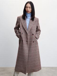 Mango Double Breasted Wool Blend Check Print Coat, Dark Red, XXS