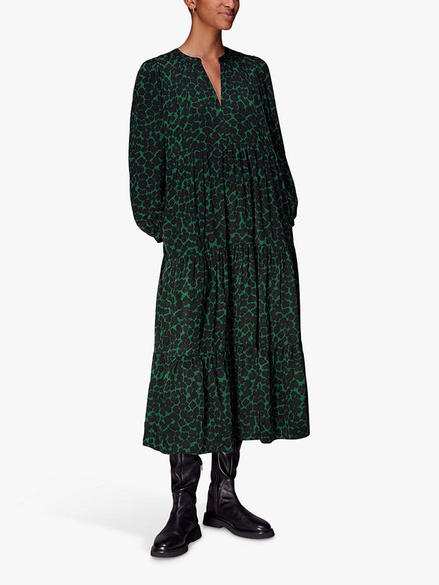 Whistles Smudge Animal Print Trapeze Midi Dress, Green/Multi