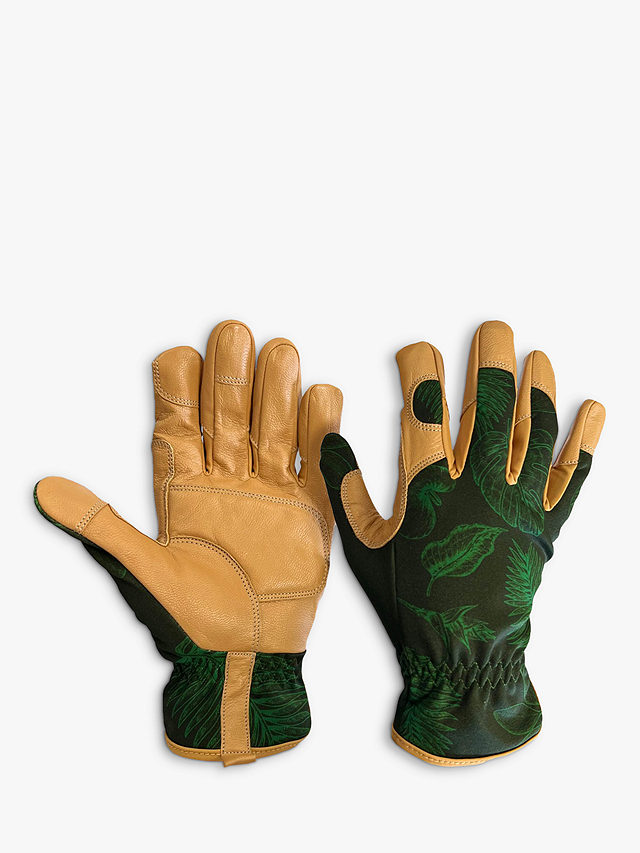 Spear & Jackson Botanical Print Leather Gardening Gloves, Brown/Green, S